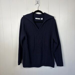Vintage Navy Blue Cable Knit Sweater Women's 2X Chunky Collar Pullover fisherman